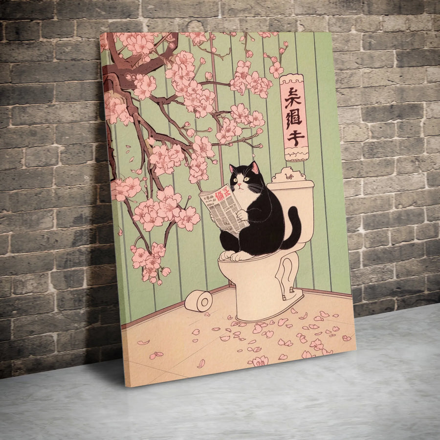 Japanese Cat Wall Art | Ukiyo-e Style Toilet Reading Kitty | Premium Gallery Wrapped Canvas | Funny Bathroom Decor & Quirky Home Gift