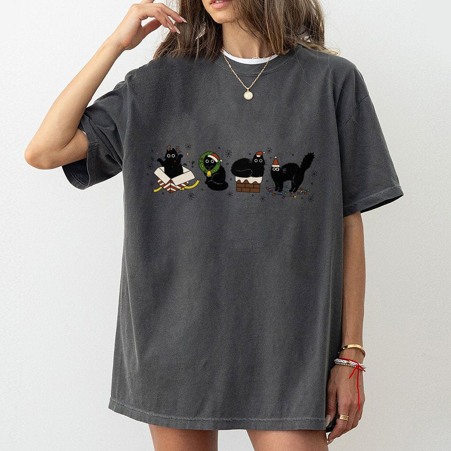 Christmas Black Cat T-Shirt | Cute Festive Holiday Kitten Graphic | 100% Cotton Premium Comfort Tee | Cat Mom Gift Holiday Season Apparel