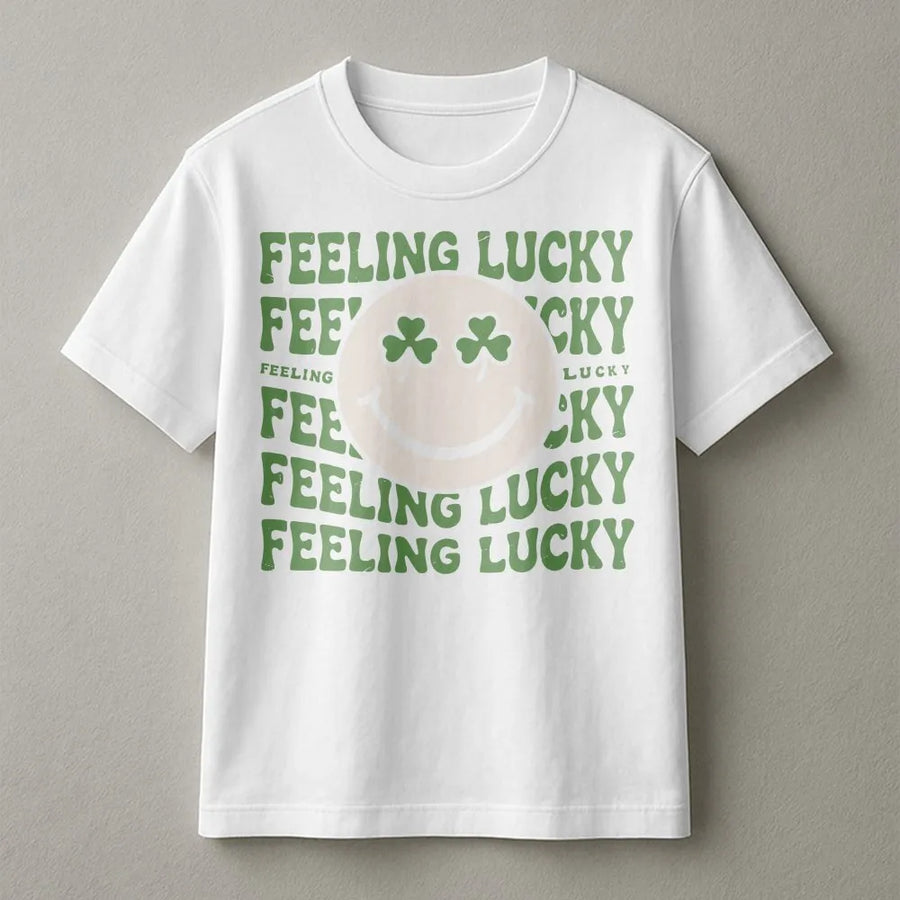 Feeling Lucky Shamrock Smiley T-Shirt | Retro Groovy Clover Face Design | 100% Soft Cotton Premium Tee | St. Patricks Day Gift For Women And Men