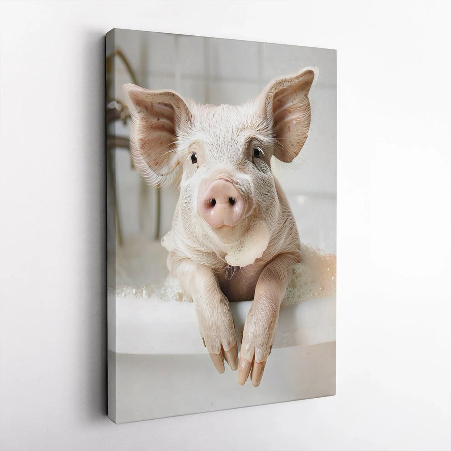 Cute Pig In Bathtub Wall Art | Funny Farmhouse Bathroom Decor | Premium Gallery Wrapped Canvas | Whimsical Animal Lover Gift