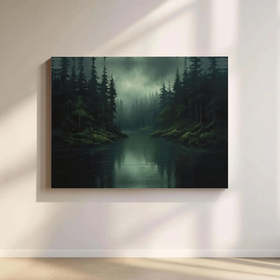 Misty Forest Landscape Canvas | Dark Pine River Wall Art | 1.25 Inch Gallery Wrap | Moody Nature Decor for Living Room Office
