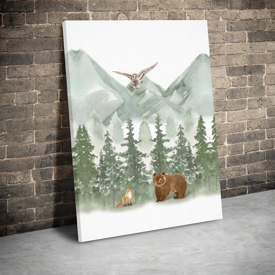 Watercolor Forest Animals Canvas Wall Art | Bear Fox Owl Mountain Print | Gallery Wrap Premium Decor | Nursery & Home Wall Decor Gift