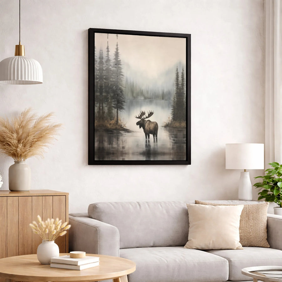 Moose Canvas Wall Art | Misty Forest Lake Painting | Premium 1.25-Inch Gallery Wrap | Rustic Wildlife Decor for Home or Office Gift