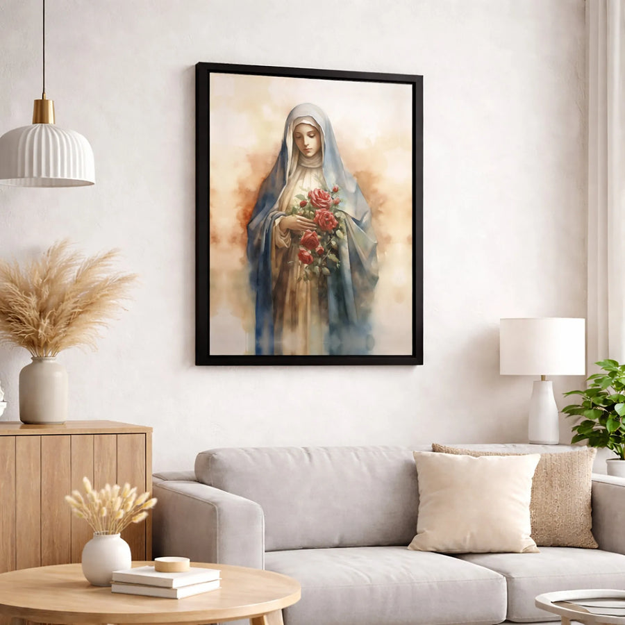 Virgin Mary Canvas Print | Watercolor Religious Wall Art with Red Roses | Gallery-Quality 1.25 Inch Thick Profile | Spiritual Home Decor Gift