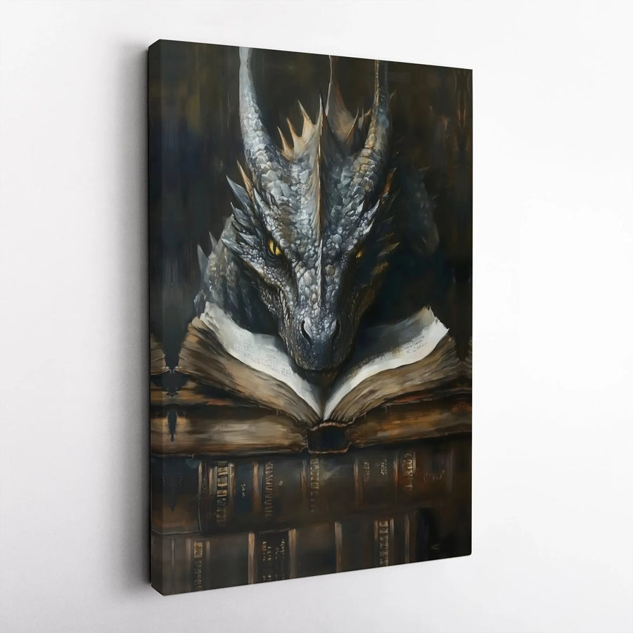 Dragon Reading Book Wall Art | Fantasy Library Oil Painting Style Canvas | Premium Gallery Wrapped Decor | Unique Gift For Fantasy Readers