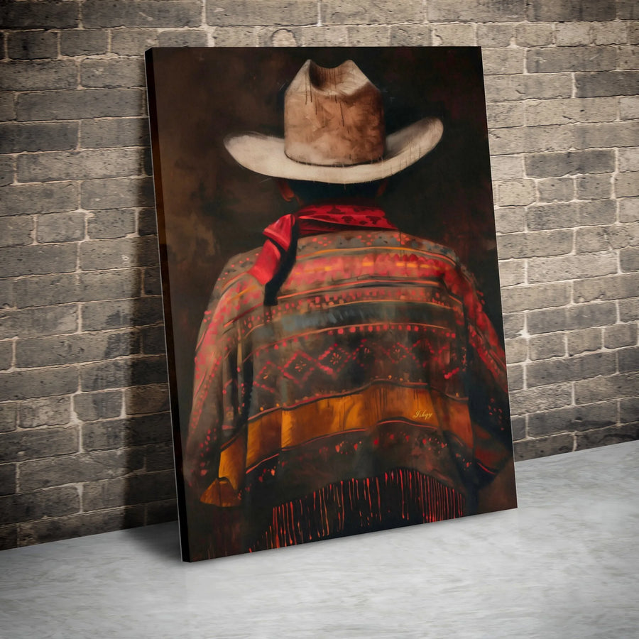 Western Cowboy Wall Art | Moody Southwestern Poncho Painting | Premium Gallery-Wrapped Canvas | Rustic Living Room Home Decor