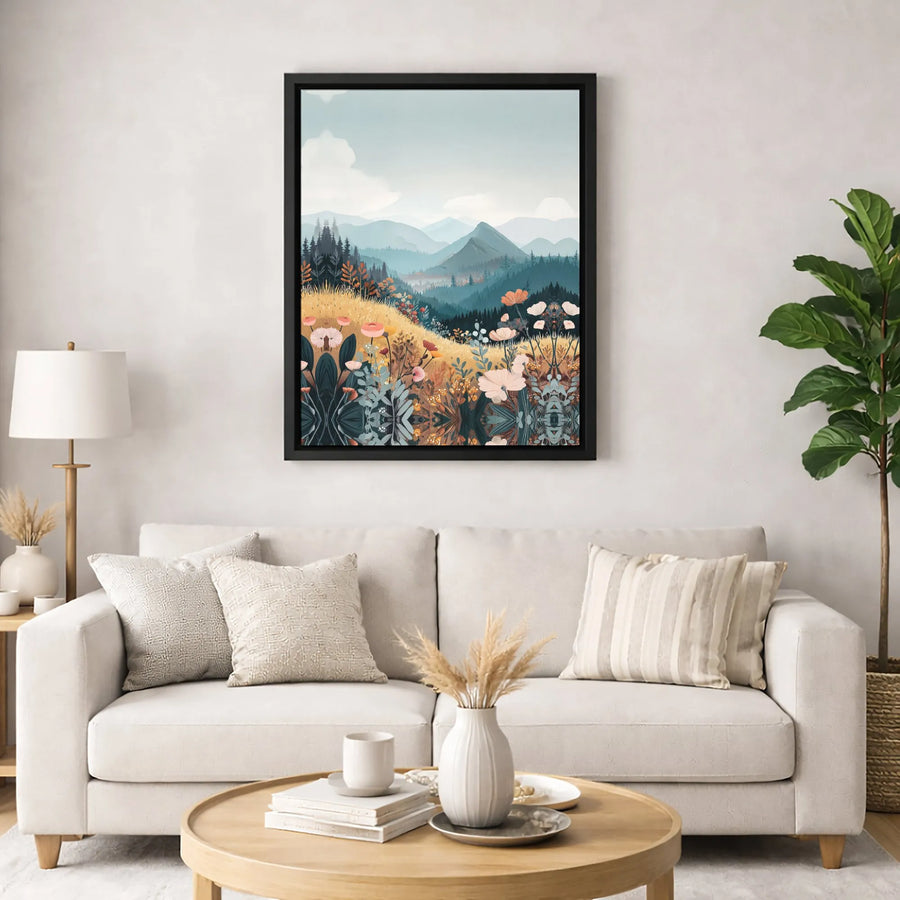 Mountain Wildflower Canvas Art | Misty Valley Landscape Print | 1.25-Inch Gallery Wrap | Premium Home Decor for Nature Lovers