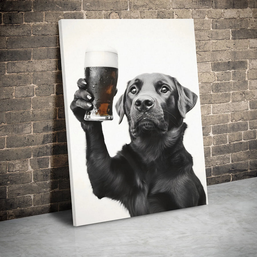 Black Labrador Beer Canvas Print | Funny Dog Drinking Beer Wall Art | Premium Gallery Wrap Decor | Unique Gift For Beer And Dog Lovers