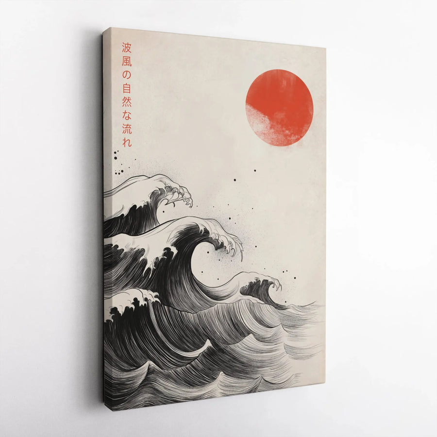 Japanese Ocean Wave Canvas Wall Art | Ukiyo-E Inspired Red Sun Print | Premium Gallery Wrapped 1.25" Profile | Zen Home Office Decor Gift