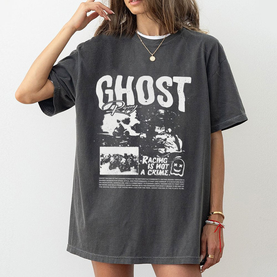 Ghost Racing T-Shirt | Racing Is Not A Crime Graphic Tee | 100% Cotton Biker Moto Apparel | Streetwear Gift For Motorcycle Riders And Enthusiasts