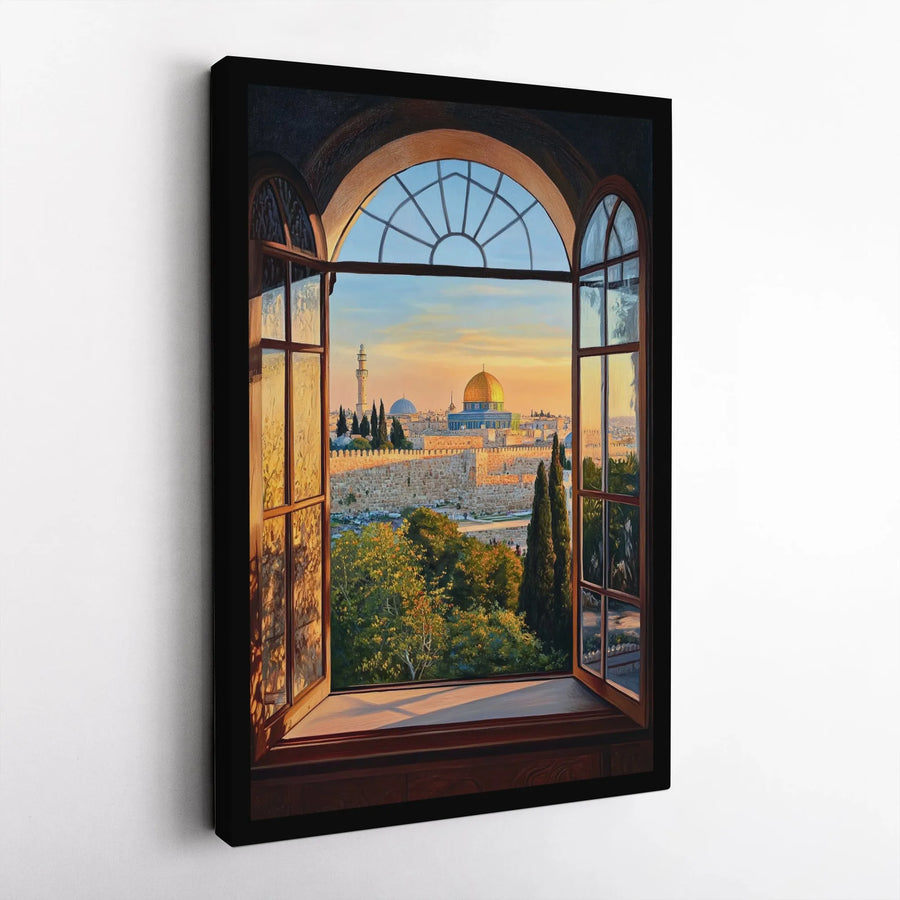 Jerusalem Old City Canvas Print | Dome Of The Rock Arched Window View | Premium Fade-Resistant Wall Art | Spiritual Home Decor Gift