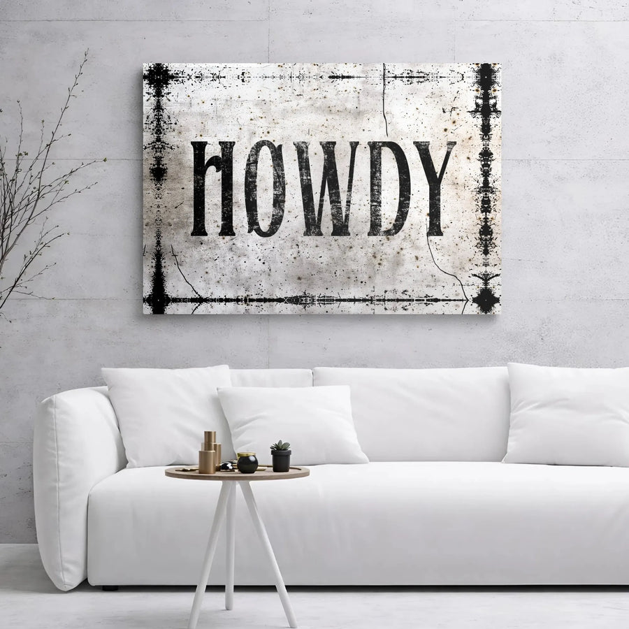 Howdy Wall Art Canvas | Rustic Distressed Farmhouse Typography | Premium Gallery Wrap Wooden Frame | Western Home Decor Gift