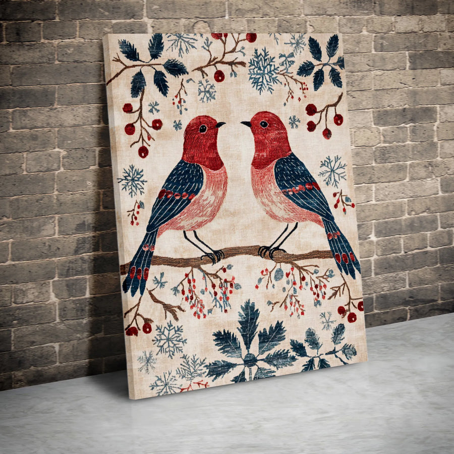 Winter Bird Canvas Wall Art | Red and Blue Folk Art Floral Print | 1.25 Inch Gallery Wrap | Festive Holiday Home Decor Gift