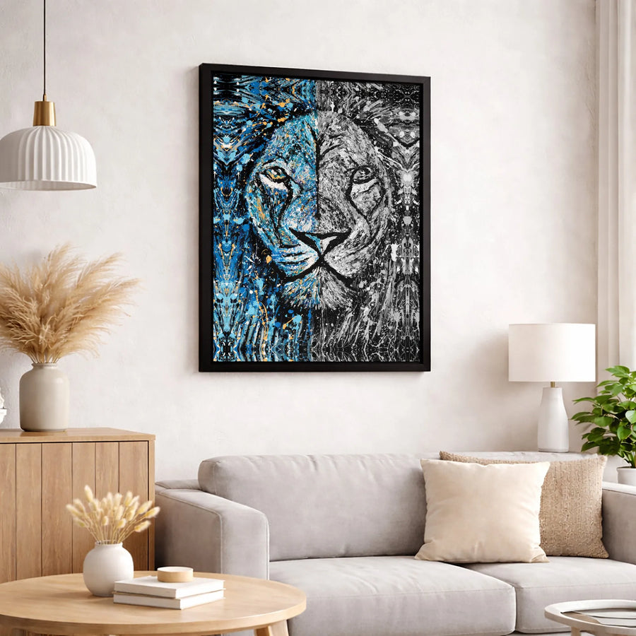 Abstract Lion Canvas Wall Art | Blue and Monochrome Paint Splatter | Premium 1.25-Inch Gallery Wrap | Modern Animal Decor for Home Office