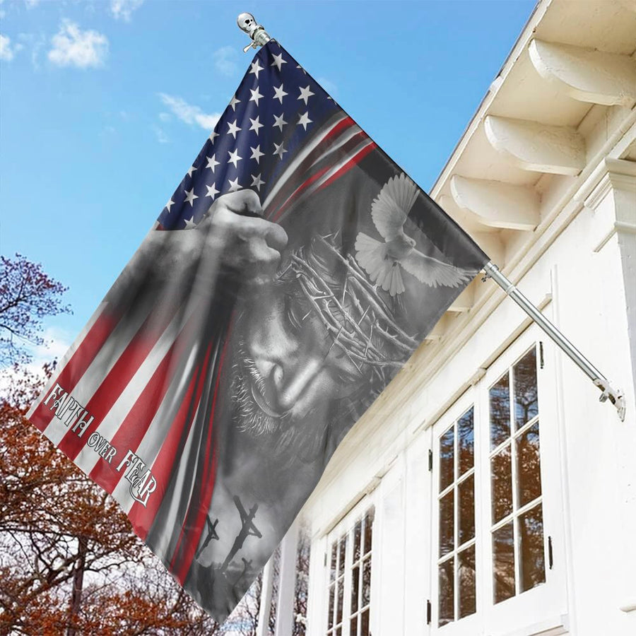 Faith Over Fear Garden Flag | American Flag Jesus Portrait Christian Decor | UV-Resistant Premium Polyester | Patriotic Religious Home Garden Gift