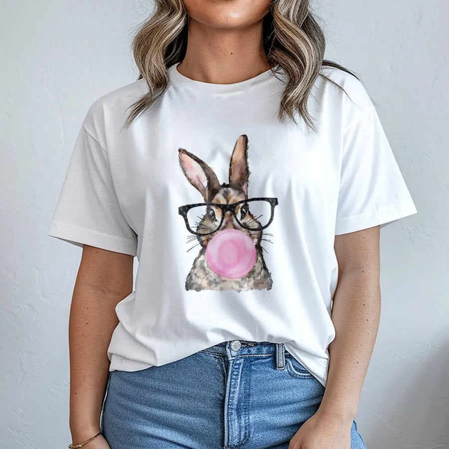 Easter Bunny T-Shirt | Cute Rabbit With Glasses And Bubble Gum | 100% Cotton Premium Graphic Tee | Fun Holiday Gift For Rabbit Lovers