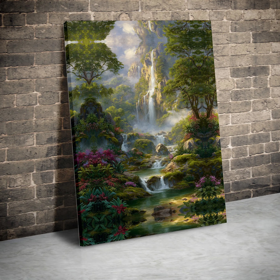 Enchanted Forest Waterfall Wall Art | Vibrant Tropical Landscape Print | Premium Canvas | Serene Nature Art for Living Room Decor