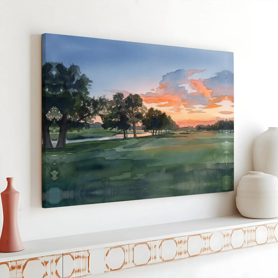 Golf Course Landscape Canvas | Watercolor Sunset Art Print | Premium 1.25 Inch Gallery Wrap | Sports Home Decor Gift for Him