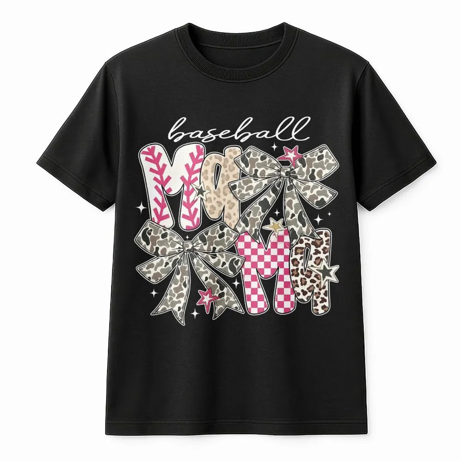 Baseball Mom Shirt | Coquette Bow Camo Leopard Print Graphic Tee | Soft Cotton Apparel | Gift for Sports Mom