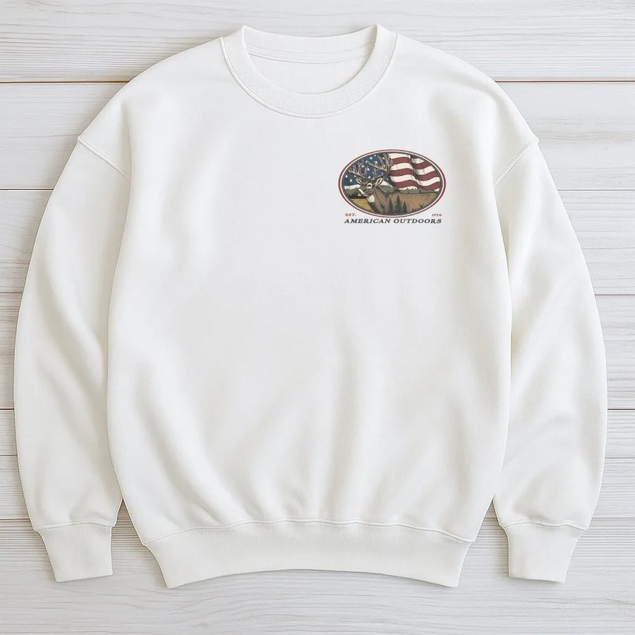 American Outdoors Buck Sweatshirt | Vintage Flag Deer Wildlife Graphic | Premium Cotton Blend | Patriotic Gift for Hunters and Outdoorsmen