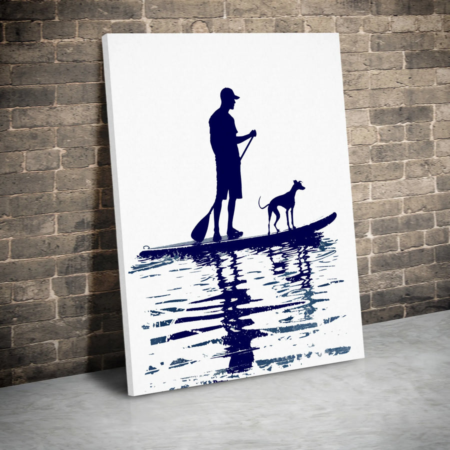 Stand Up Paddleboarding Canvas Art | Man And Greyhound Silhouette | Premium Gallery Wrap Print | Gift For Dog Lovers And Water Sports Enthusiasts
