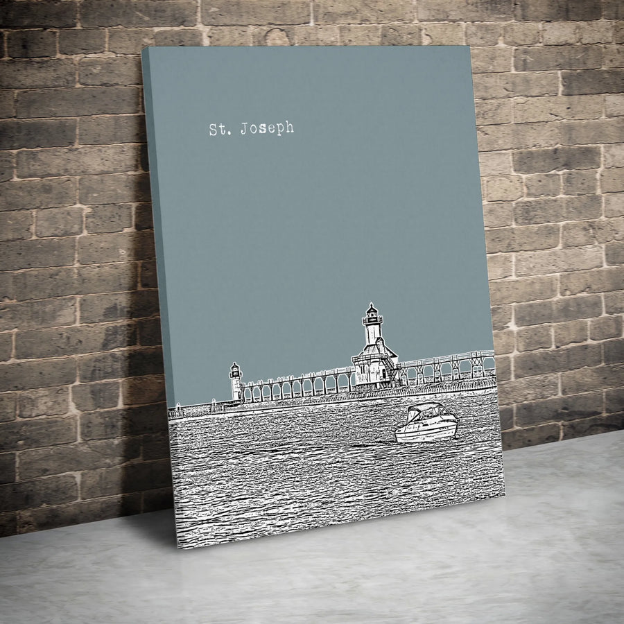St. Joseph Michigan Canvas Wall Art | Minimalist Lighthouse Sketch | Premium Gallery Wrapped Canvas | Great Lakes Home Decor Gift