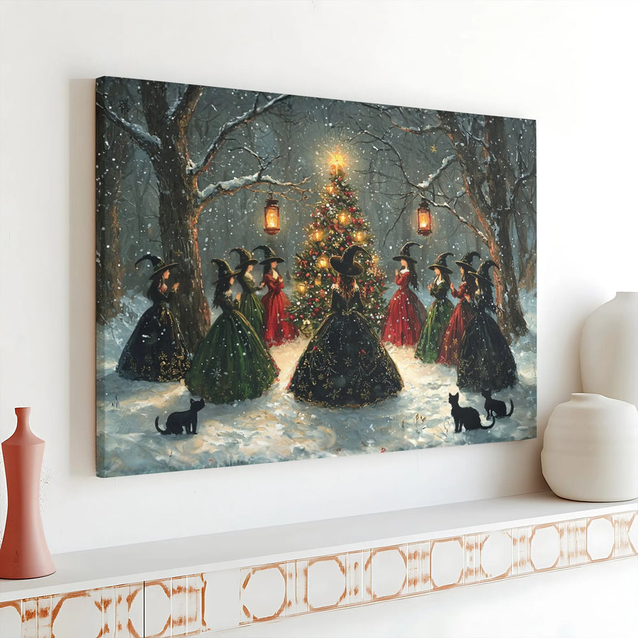 Witchy Christmas Canvas Wall Art | Vintage Coven Gathering in Snowy Forest | Premium Canvas Print | Gothic Holiday Decor Gift