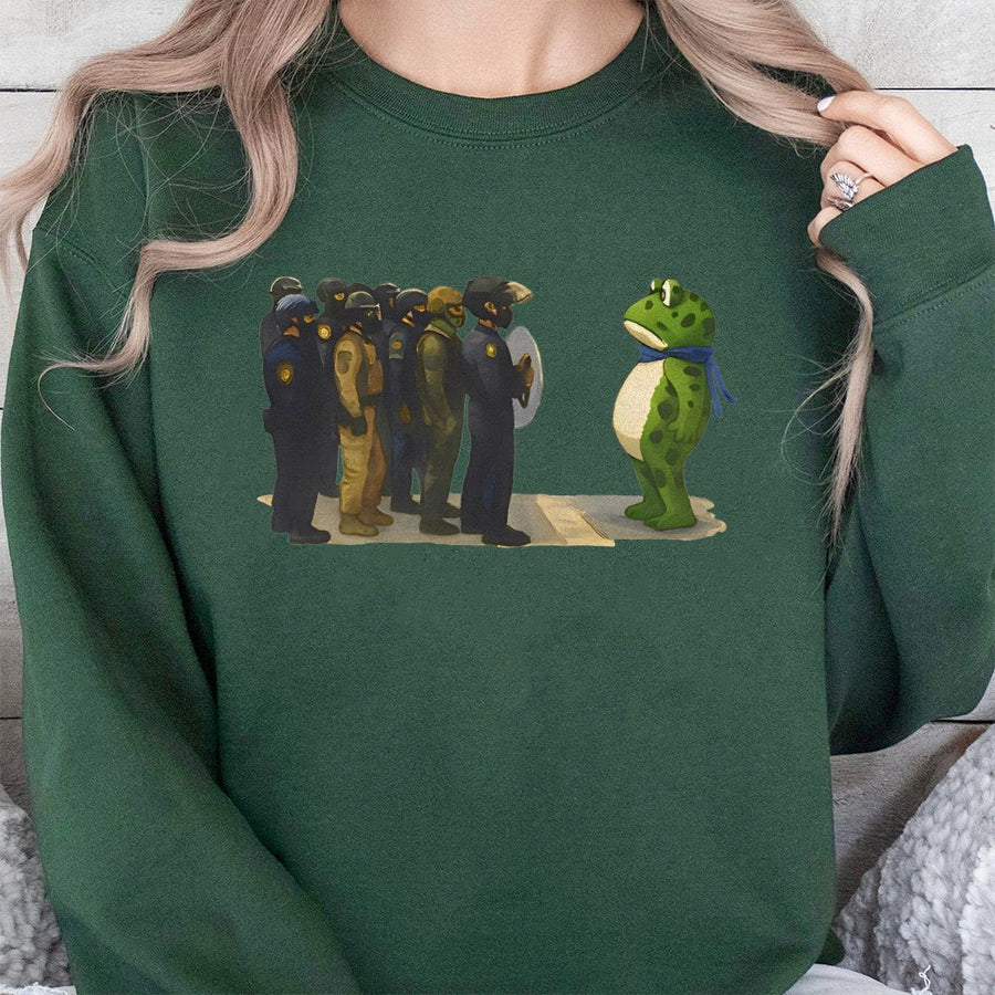 Freedom Frog Protest Sweatshirt | Standing Against Authority Graphic | Premium Cotton Blend Unisex Top | Social Justice Activist Gift