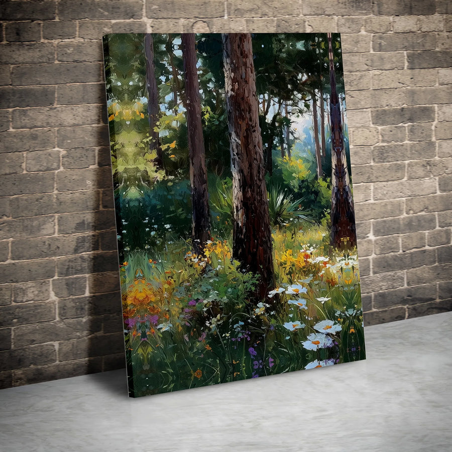 Forest Wildflower Canvas Wall Art | Impressionist Woodland Painting | Premium Gallery Wrapped Canvas | Rustic Cabin Wall Decor Gift