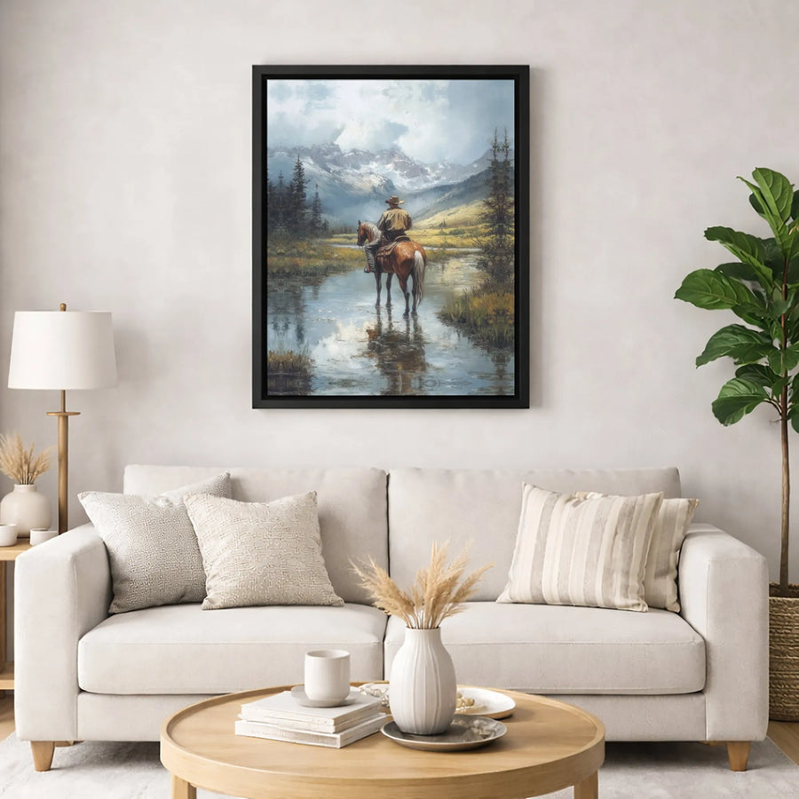 Western Cowboy Canvas Wall Art | Horse Riding Mountain River Landscape | Premium Fade-Resistant Print | Rustic Home & Office Decor Gift