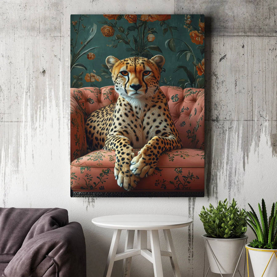 Cheetah Portrait Canvas Wall Art | Vintage Floral Armchair Print | 1.25-Inch Premium Gallery Wrap | Whimsical Animal Home Decor Gift