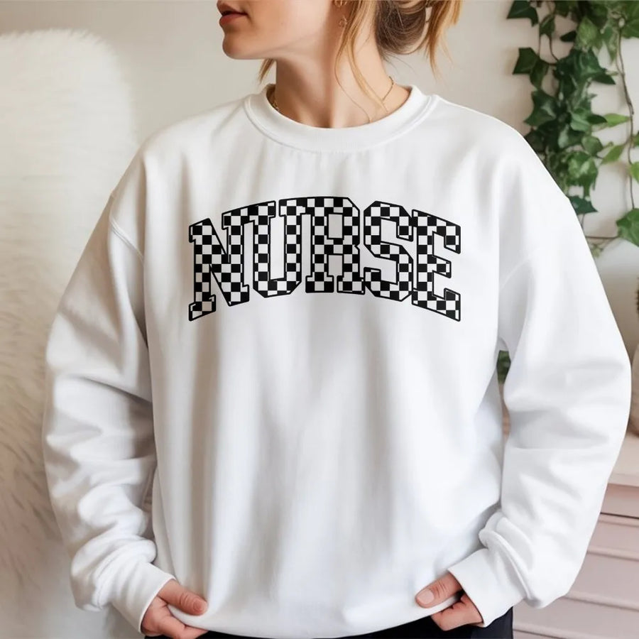 Nurse Sweatshirt | Checkered Varsity Letter Design | Premium Cotton Blend Crewneck | Graduation Gift for RN Nurse Student