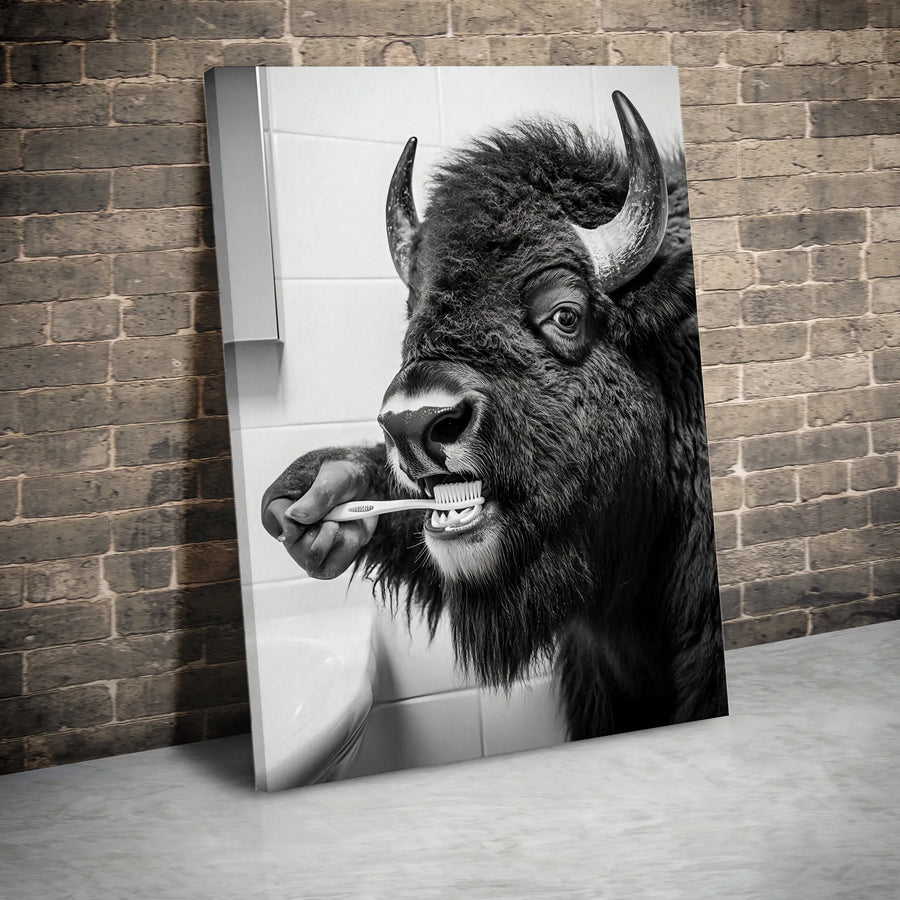 Funny Bison Brushing Teeth Canvas | Black & White Animal Photography | Premium Gallery Wrapped Print | Quirky Bathroom Wall Decor Gift