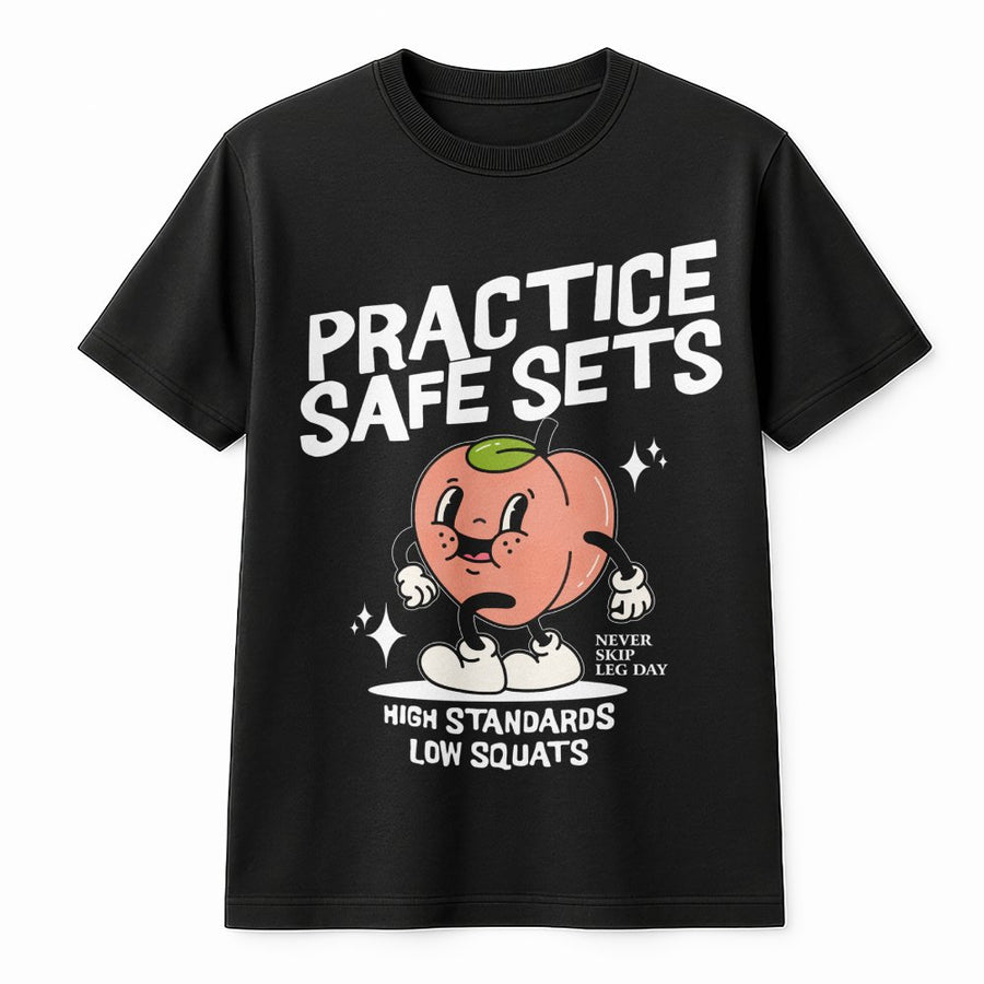 Practice Safe Sets Gym T-Shirt | Funny Peach Workout Graphic | Premium Soft Cotton Tee | Humorous Fitness Gift for Squat Lovers