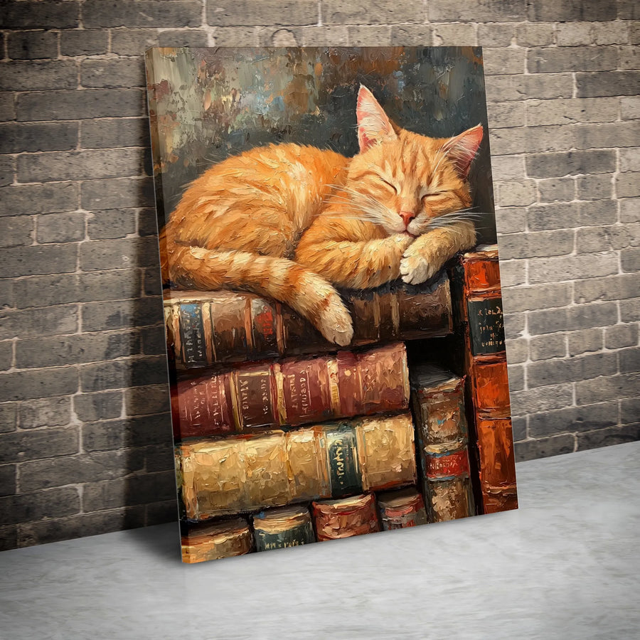 Sleeping Ginger Cat Canvas Wall Art | Cozy Oil Painting Print on Books | Gallery-Quality Framed Decor | Aesthetic Gift for Cat Lovers & Readers