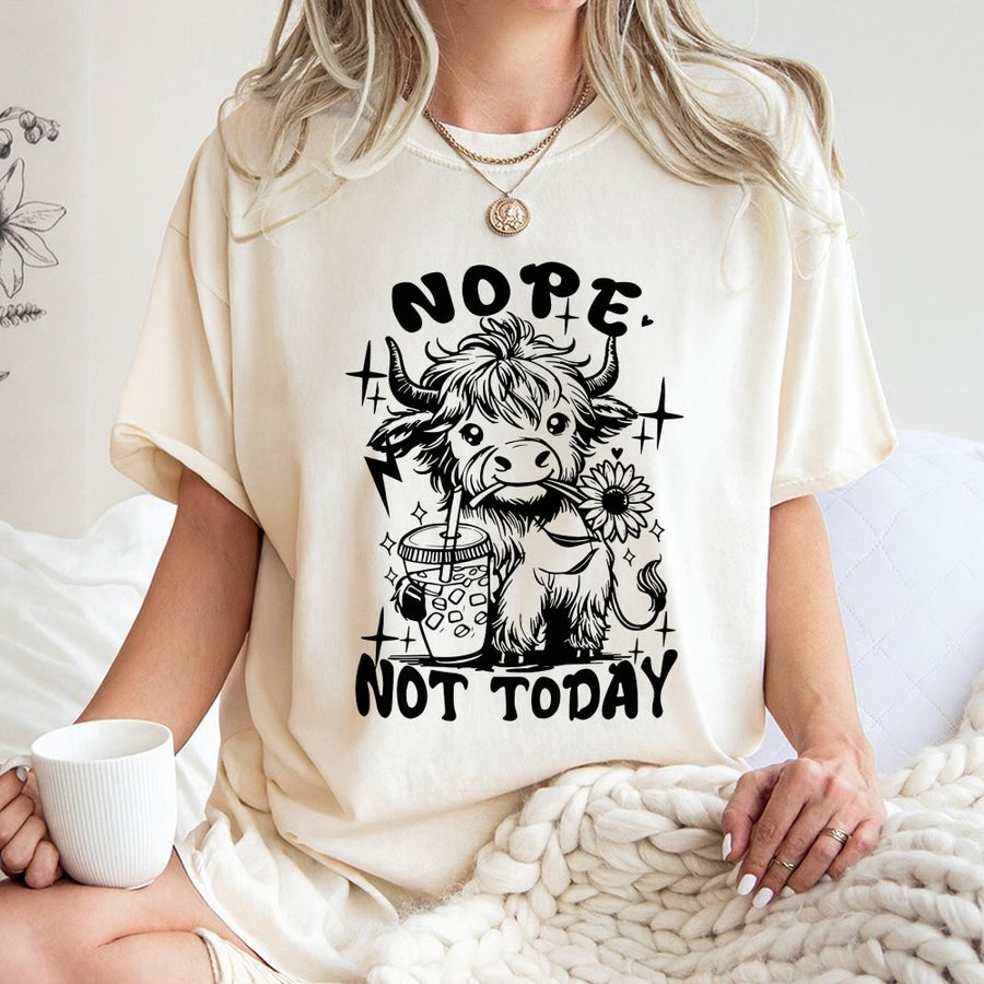 Highland Cow T-Shirt | Nope Not Today Funny Coffee Graphic | 100% Soft Cotton Premium Tee | Cute Farm Animal Gift for Women and Cow Lovers