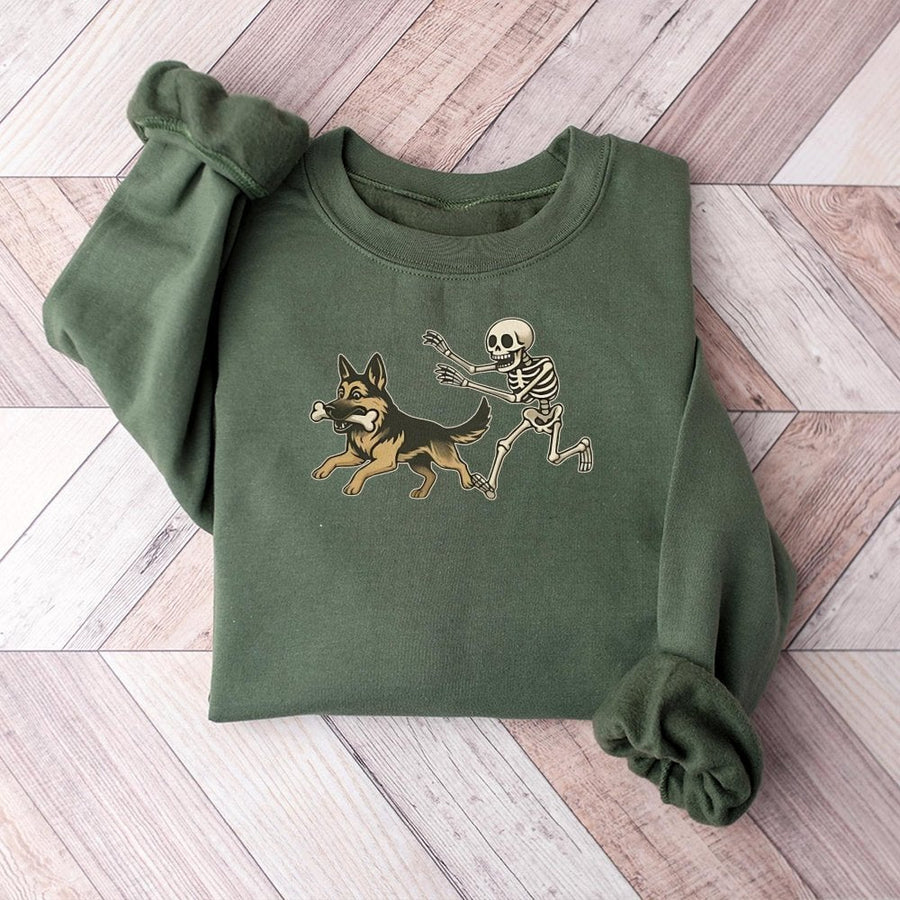 German Shepherd Halloween Sweatshirt | Spooky Skeleton Dog Graphic | Premium Cotton Blend Crewneck | Funny Pet Lover Fall Gift