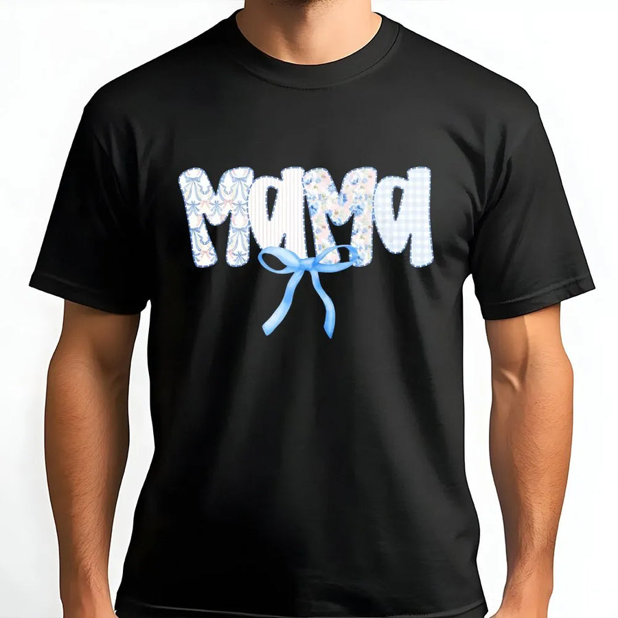 Mama T-Shirt | Blue Bow Patchwork Lettering | Soft Cotton Blend | New Mom Gift for Mother's Day