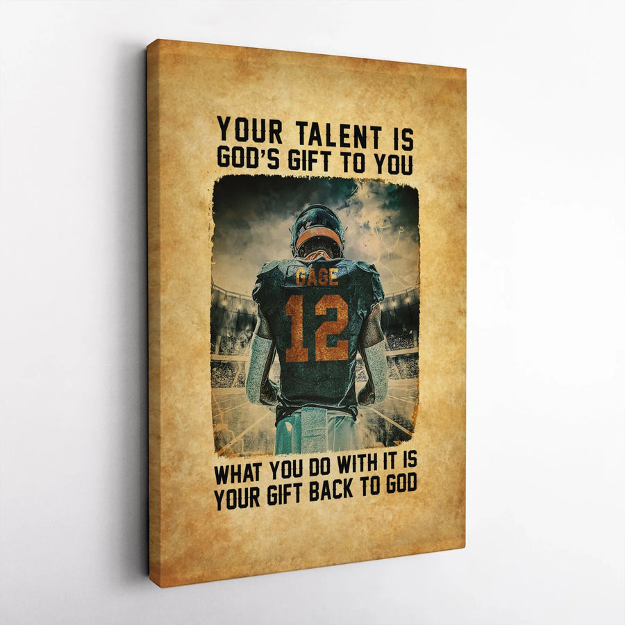Football Player Wall Art | Inspirational God Quote Sports Decor | Gallery-Wrapped Canvas Print | Religious Athlete Gift for Boys Room