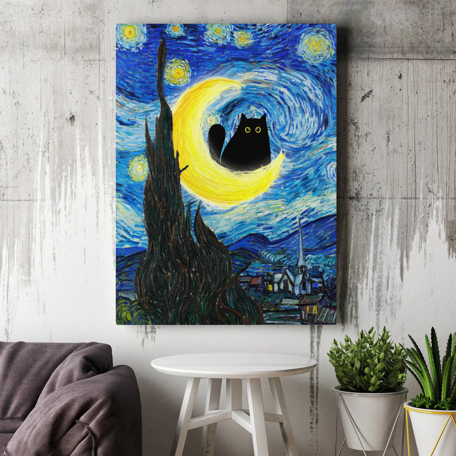 Black Cat Canvas Wall Art | Starry Night Impressionist Style | 1.25-Inch Gallery Wrap | Whimsical Home Decor Gift for Cat Lovers