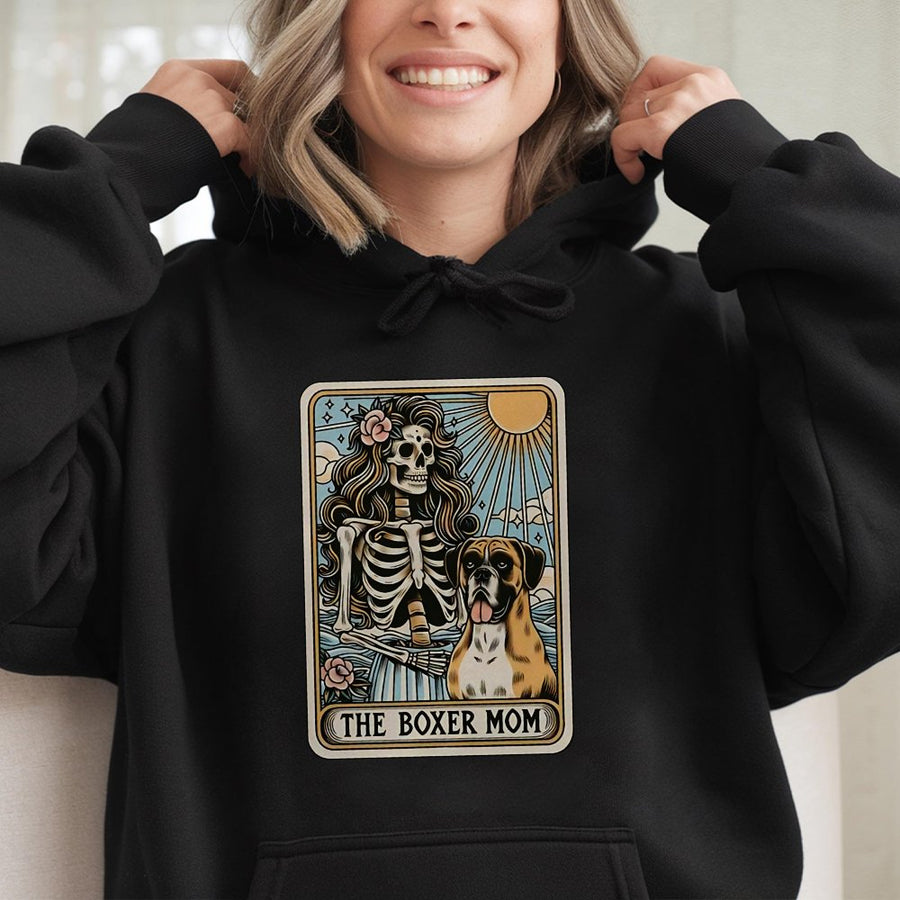 Boxer Mom Hoodie | Tarot Card Graphic Dog Lover Gift | Premium Cotton Blend Pullover | Cute Aesthetic Dog Owner Apparel for Women