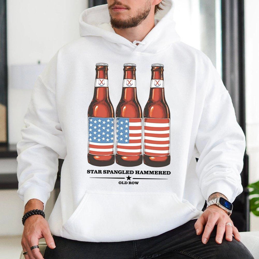 Star Spangled Hammered Hoodie | Beer Bottle American Flag Graphic | Premium Cotton Blend | Funny 4th of July Drinking Gift for Men and Women