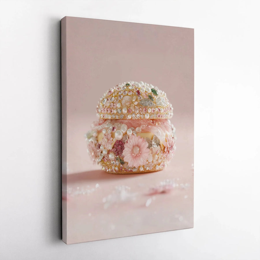 Jeweled Macaron Canvas Print | Glamorous Food Art with Pink Flowers & Pearls | Premium Gallery Wrap | Unique Fashion Wall Decor Gift for Her