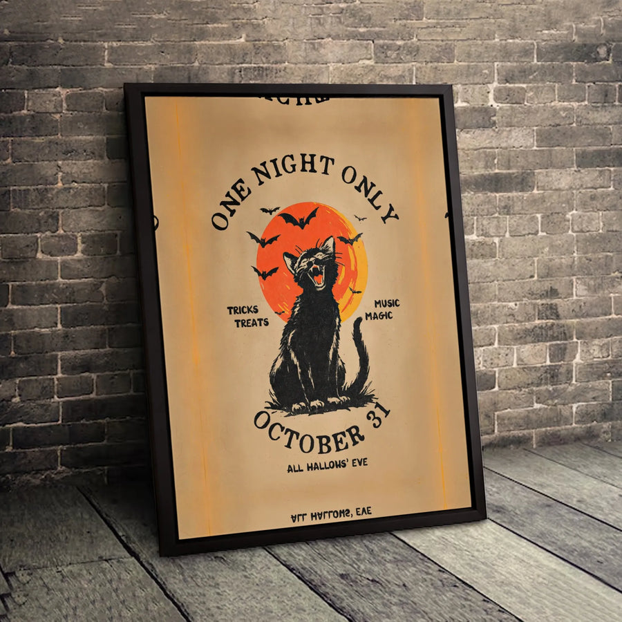 Vintage Halloween Black Cat Canvas Print | Retro October 31 Poster Art | Premium 1.25" Gallery Wrapped Wall Decor | Spooky Witchy Home Gift