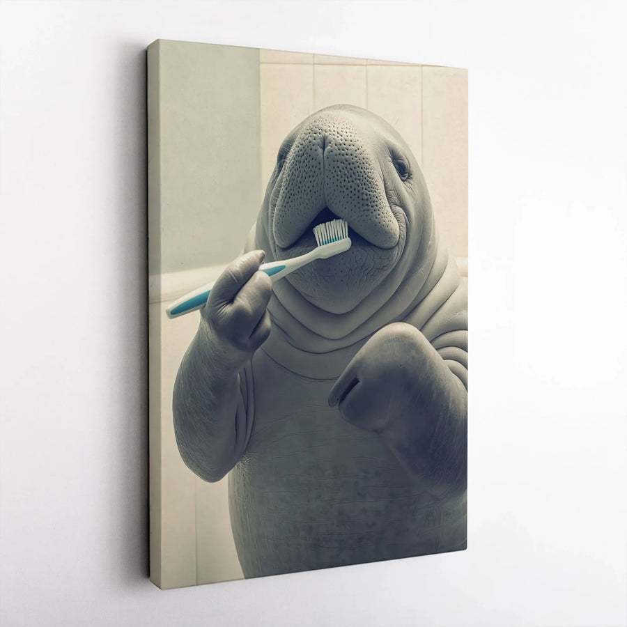 Funny Manatee Wall Art | Whimsical Bathroom Canvas Print | Premium 1.25" Gallery Wrap | Quirky Animal Decor Gift for Kids or Animal Lovers