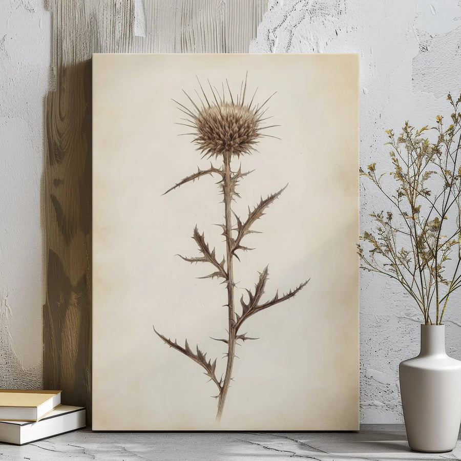 Vintage Thistle Botanical Canvas Wall Art | Antique Style Floral Sketch Print | Premium Gallery Wrap Wooden Frame | Rustic Home & Office Decor Gift