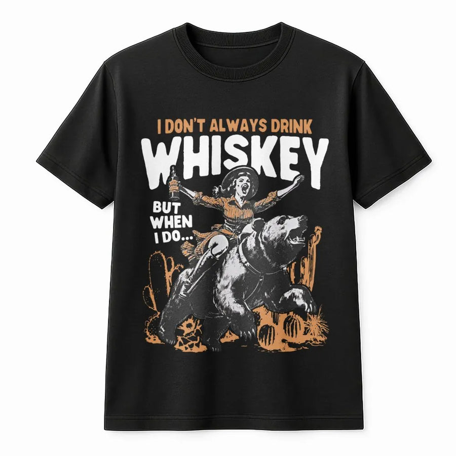 Whiskey Lover T-Shirt | Retro Cowgirl Riding Bear Graphic | Premium 100% Cotton Tee | Funny Alcohol Enthusiast Gift for Men and Women