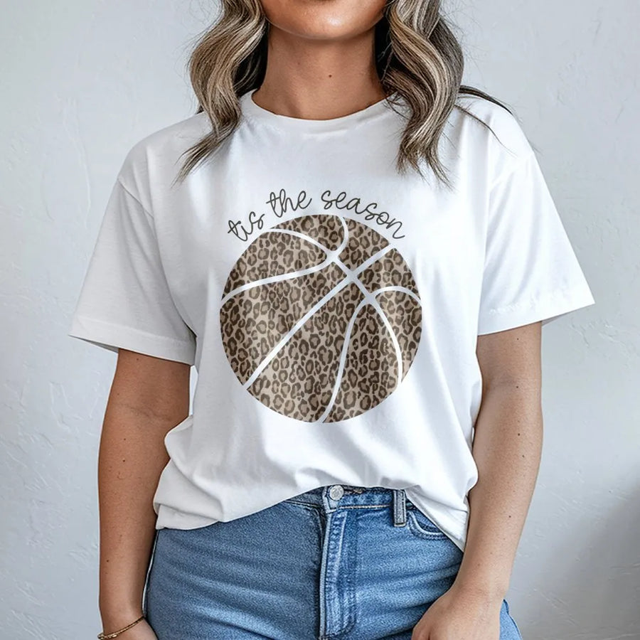 Leopard Basketball T-Shirt | Tis The Season Graphic Print | Premium Soft Cotton Tee | Basketball Mom Gift and Game Day Apparel