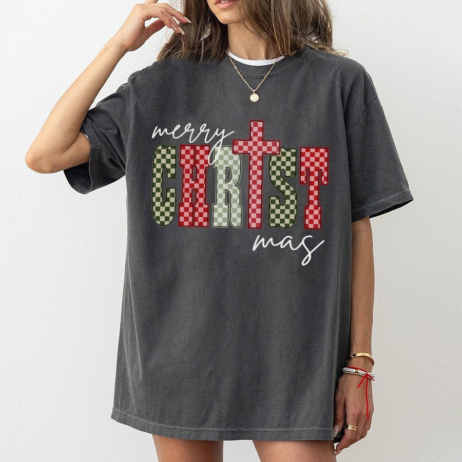 Merry Christmas T-Shirt | Checkered Cross Religious Graphic | 100% Cotton Premium Tee | Christian Holiday Gift for Women and Men