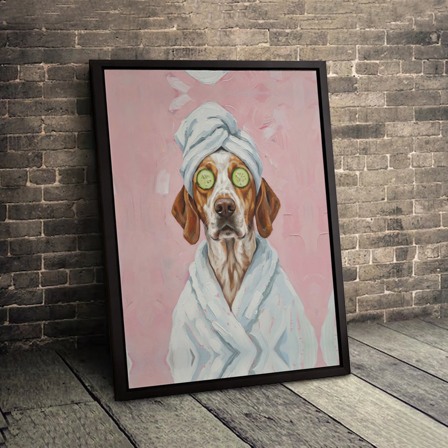 Pointer Dog Spa Wall Art | Funny Dog in Bathrobe with Cucumber Slices | Gallery-Quality Canvas Print | Whimsical Bathroom Decor for Dog Lovers